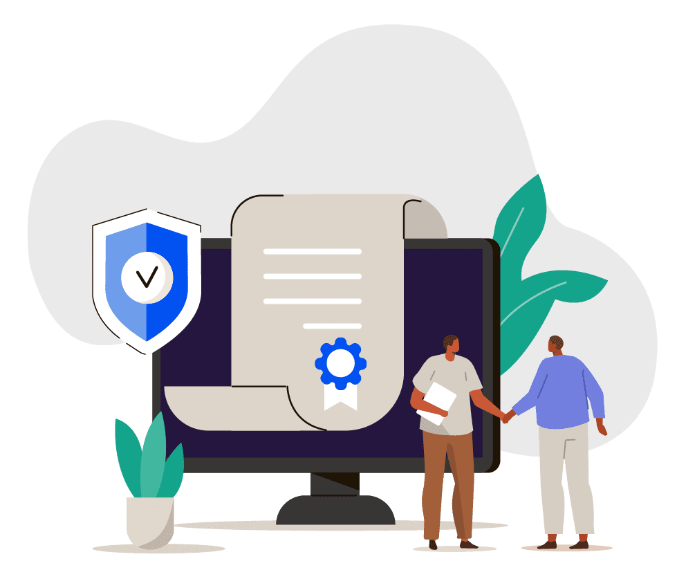 Platform as a service illustration featuring laptop and people shaking hands