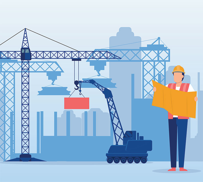 Vector of an architect reviewing plan of a new building at a construction site
