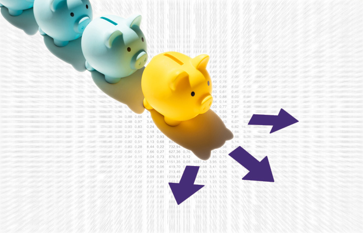 Row of piggy banks with arrows showing different directions symbolizing flow of money