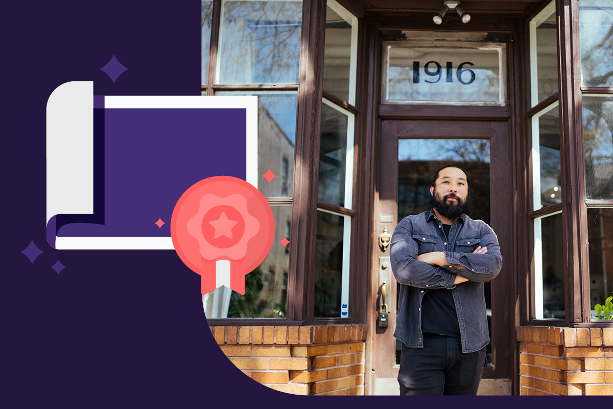 Small business PI.KL Studio owner standing in front of business with arms crossed. Icon of a small business certification document.