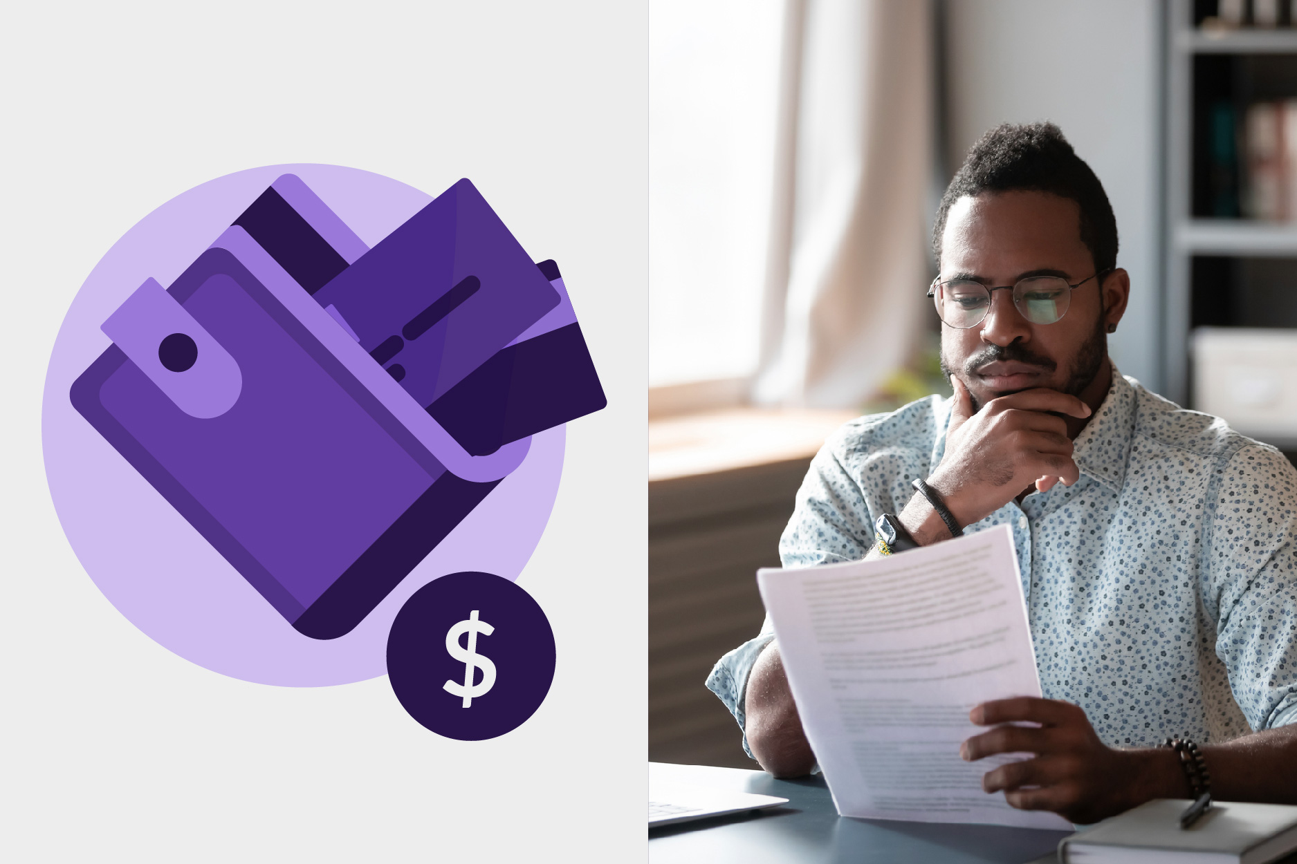 Illustration of a wallet and a man looking at his business finances, planning to prepare a business budget
