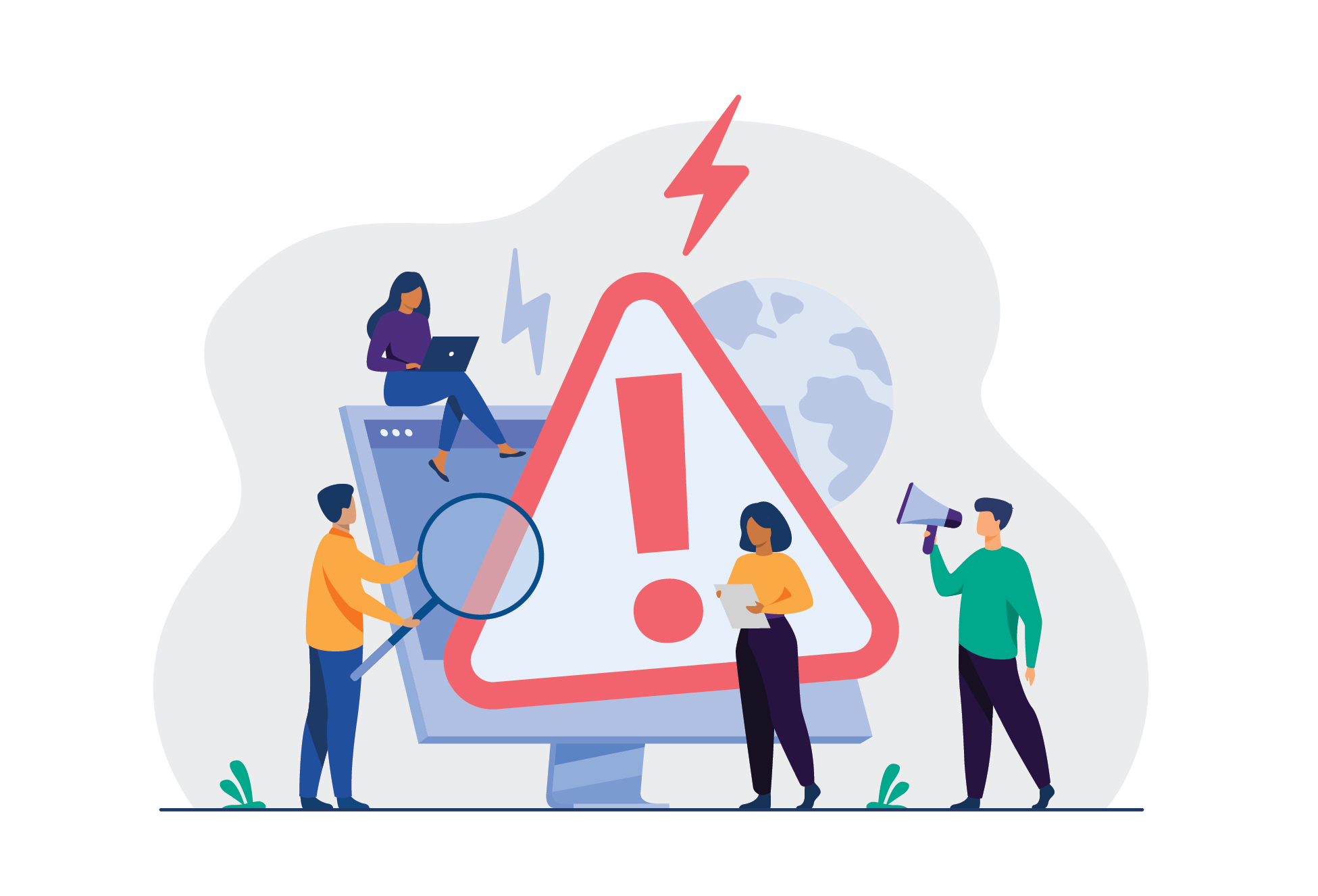 Illustration of diverse people investigating common technology problems for businesses