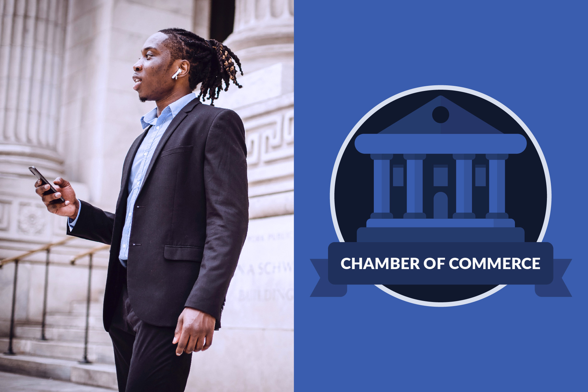 African American business man in front of a chamber of commerce building