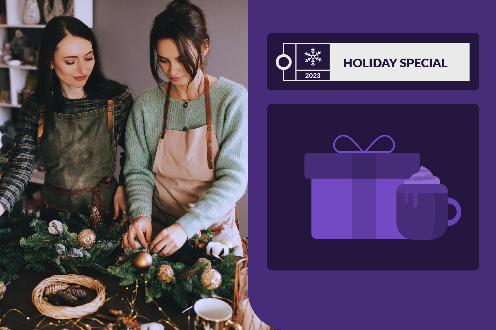 Small business owners working on seasonal holiday decor for their shop.