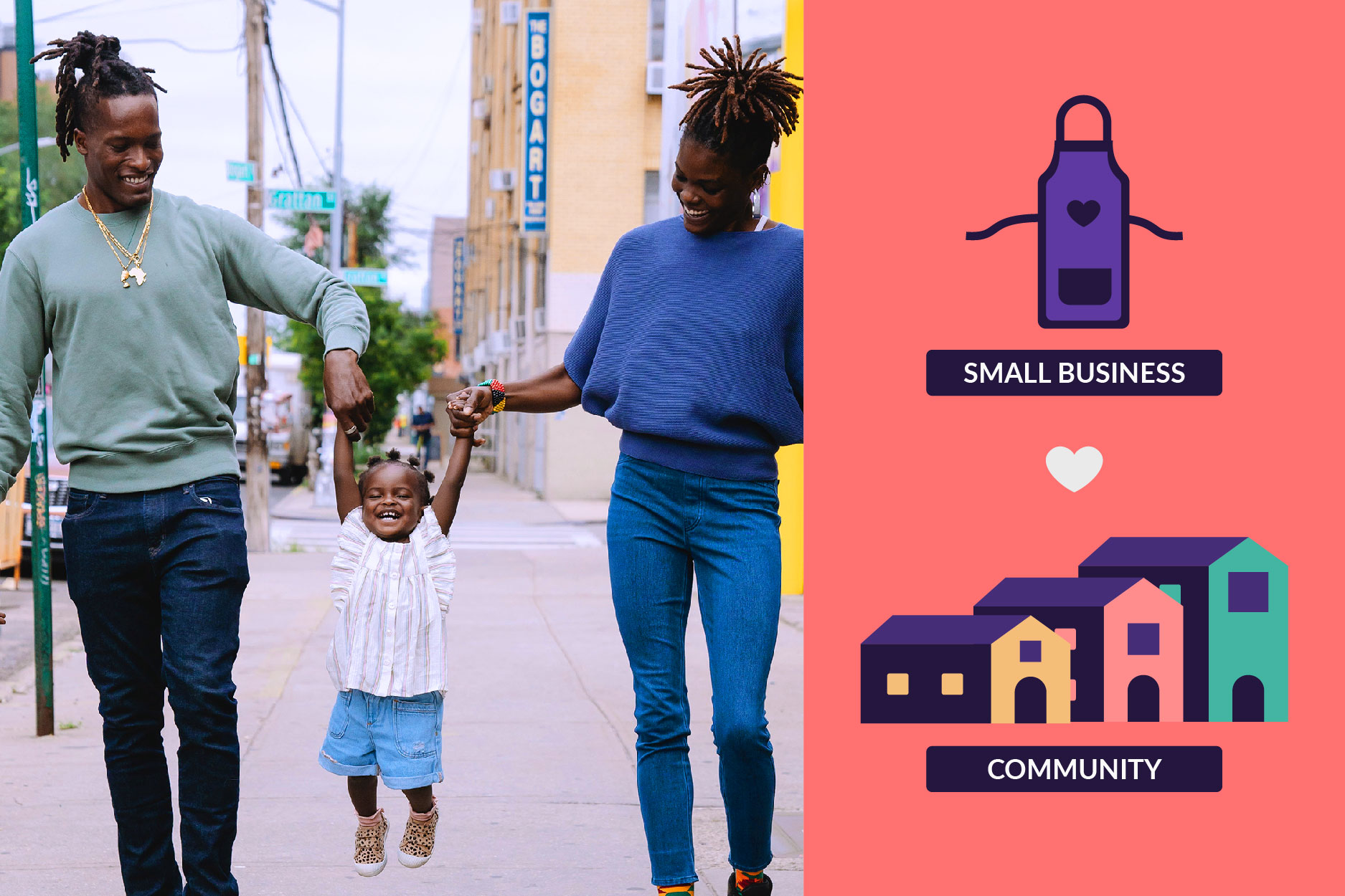 African American family walking down the street happily. Illustrations of small businesses and community.