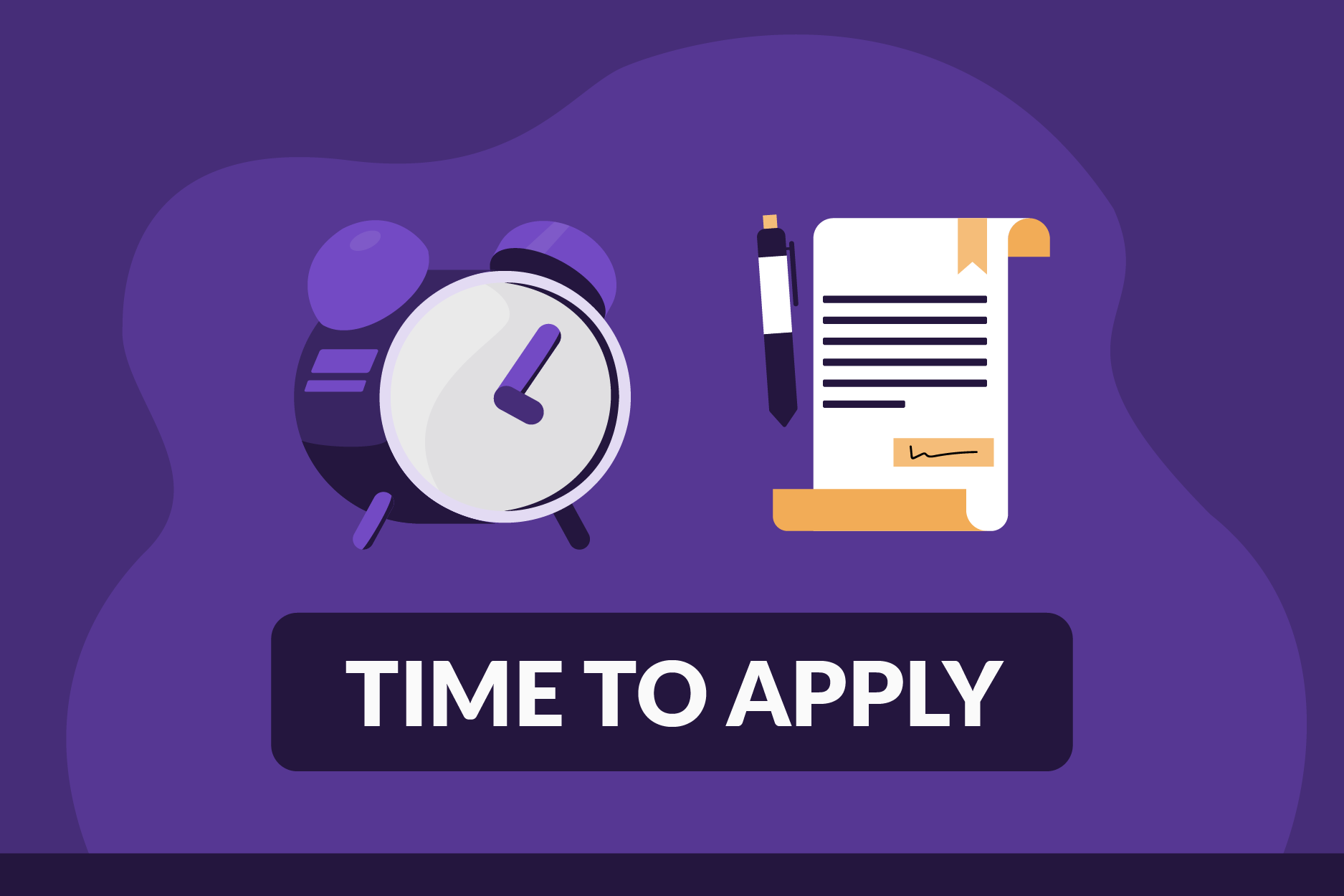Illustration of an alarm clock and a document with text "Time to Apply"
