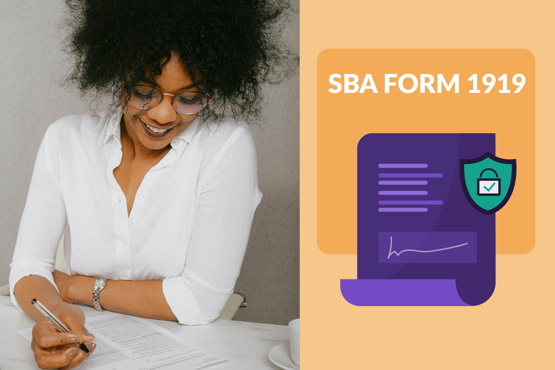 Woman smiling while filling out a form. A document illustration with the text SBA Form 1919