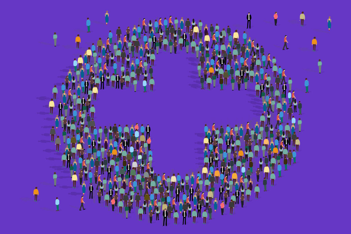 Emergency-Community-Support_Lendistry-blog Illustration of a large group of people gathering leaving the shape of the red cross for support