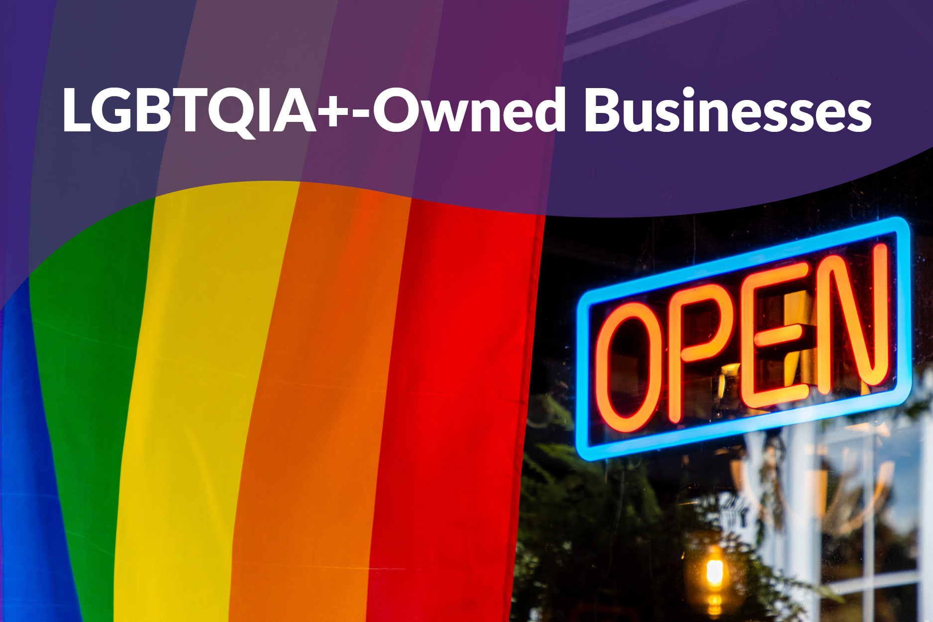 Rainbow flag in front of a store front with an Open sign
